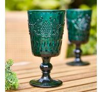 Dibor Set Of 2 Luxury Embossed Dark Green Drinking Glass Spring Summer Wine Goblets 290Ml