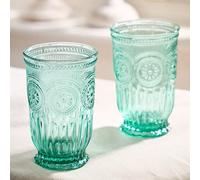 Dibor Set Of 2 Luxury Embossed Spring Summer Green Tall Drinking Glass Tumblers 330Ml