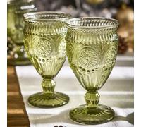 Dibor Set Of 2 Palmas Green Embossed Drinking Glass Wine Goblets Festive Christmas Decor Glassware 300Ml
