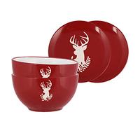 Dibor Set of 2 Red Stag Stoneware Soup Bowl Dishes and Bread Plates Set