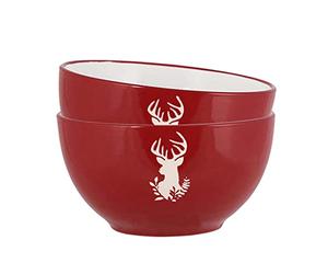 Dibor Set of 2 Red & White Reindeer Tea Coffee Stoneware Breakfast Bowls | Dishwasher Safe, Microwave Safe, Glazed, Red Reindeer, Crockery Set, Dessert Bowls, Set of 2
