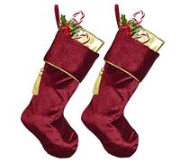 Dibor Set of 2 Ruby Red Crushed Velvet Christmas Stockings (CR05) | Hanging Loop, Tassel Decoration, Braided Cuff