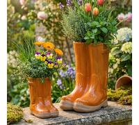 Dibor Set Of 2 Small And Large Orange Wellington Boots Ceramic Indoor Outdoor Flower Pot Garden Planter
