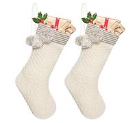 Dibor Set of 2 Stretch Chunky Knit Christmas Stocking - White Sparkle, Pom Pom, Extra Large 48cm