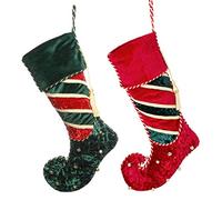 Dibor Set of 2 Striped Velvet Jingle Bell Christmas Stockings | Hanging Loop, Braided Cuff, Hanging Tassel Decoration, Striped Finish
