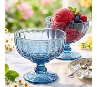 Dibor Set Of 2 Vintage Blue Glass Trifle Bowl And Dessert Bowls 300Ml