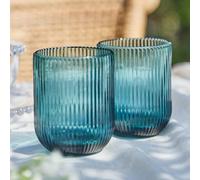 Dibor Set Of 2 Vintage Luxury Blue Ribbed Short Drinking Glass Whisky Glass Tumbers Spring Summer Wedding Decor Glassware 270Ml