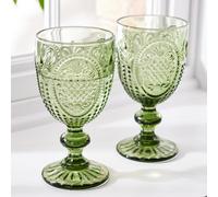 Dibor Set Of 2 Vintage Luxury Green Drinking Goblet Spring Summer Wine Glasses 310Ml