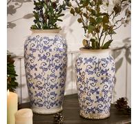 Dibor Set of 2 Vintage Luxury Solene Blue Botanical Flower Urn Vase in Cream | Size: Large Dibor Cream Large
