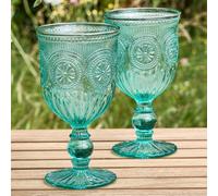 Dibor Set Of 2 Vintage Luxury Turquoise Embossed Drinking Glass Spring Summer Wine Goblets 290Ml