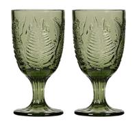 Dibor Set of 2 Wine Glasses Green Embossed Leaf 300ml Goblets | Dishwasher Safe, Coloured Glass, Wine Goblets, Vintage Style, Glassware, Tableware