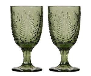 Dibor Set of 2 Wine Goblet Glasses 300ml Green Embossed Fern Leaf Design Wine Glass Cups