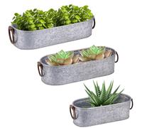 Dibor Set of 3 Indoor Herb Garden Planters Embossed Galvanised Planter Set - Vintage Style Watertight Window Box Herb Pots for Kitchen Windowsill with Carrying Handles (Zinc)