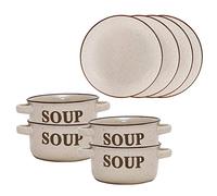 Dibor Set of 4 Beige Stoneware Ceramic Soup Bowl and Bread Plates