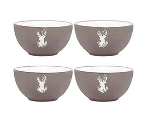 Dibor Set of 4 Bowls - Hand Painted Grey & White Reindeer Stoneware Crockery Dishwasher & Microwave Safe Christmas Reindeer Dinnerware Set