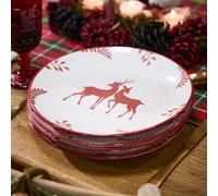 Dibor Set Of 4 Cranberry Red Stag Christmas Crockery Dinner Plates Festive Table Set Dia27Cm