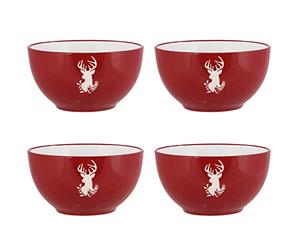 Dibor Set of 4 Dessert Bowls Red & White Stag Stoneware Christmas Crockery | 500ml, Bowl Set, Dishwasher Safe, Microwave Safe, Reindeer Design, Hand Finished, Festive Dinnerware Set