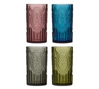 Dibor Set of 4 Embossed Highball Tumbler Glasses with Vintage Style Design | Dishwasher Safe, 390ml, Glassware Set, Tableware, Coloured Glass