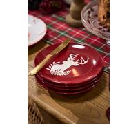 Dibor Set of 4 Red Christmas Stag Side Plates Ceramic Reindeer Dessert Plates Dia 21cm | Size: 4 Pack Dibor Red 4 Pack