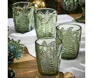 Dibor Set Of 4 Vintage Luxury Green Leaf Embossed Drinking Glass Tumblers Spring Summer Wine Goblets 260Ml