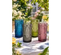 Dibor Set Of 4 Vintage Luxury Mix-Match Embossed Highball Drinking Glass Tumblers Wine Goblets Speing Summer Glassware 390Ml