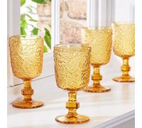 Dibor Set of 4 Vintage Luxury Yellow Embossed Drinking Goblet Wine Glasses Festive Christmas Decor Glassware 300ml | Size: 4 Pack Dibor Yellow 4 Pack