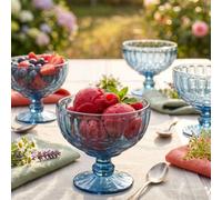Dibor Set Of 4 Vintage Sapphire Blue Glass Trifle Bowl And Dessert Bowls 300Ml