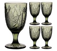 Dibor Set of 4 Wine Glasses Green Embossed Leaf 300ml Goblets | Dishwasher Safe, Coloured Glass, Wine Goblets, Vintage Style, Glassware, Tableware