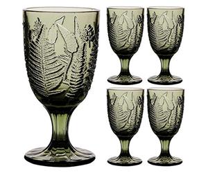 Dibor Set of 4 Wine Glasses Green Embossed Leaf 300ml Goblets | Dishwasher Safe, Coloured Glass, Wine Goblets, Vintage Style, Glassware, Tableware