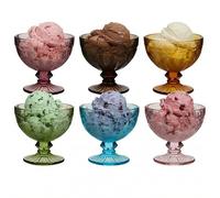 Dibor Set of 6 Dessert Bowls Embossed 260ml Dishwasher Safe Ice Cream Bowls | Footed, Coloured Glass, Vintage Style, Dessert Dish, Sundae Dish, Alfresco Dining, Tableware, Glass Crockery