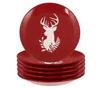 Dibor Set of 6 Red Christmas Stag Side Plates Ceramic Reindeer Dessert Plates Dia 21cm | Size: 6 Pack Dibor Red 6 Pack