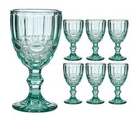 Dibor Set of 6 Wine Glasses Embossed 300ml Bevelled Glass Wine Goblets Wine Glass Set Alfresco Dining Glassware (CP49)