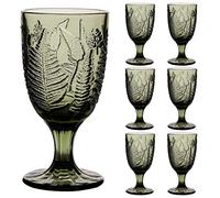 Dibor Set of 6 Wine Glasses Green Embossed Leaf 300ml Goblets | Dishwasher Safe, Coloured Glass, Wine Goblets, Vintage Style, Glassware, Tableware