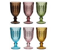 Dibor Set of 6 Wine Goblet Drinking Glasses Dishwasher Safe Goblets 230ml | Wine Goblets. Embossed Glass, Coloured Glassware, Wine Glasses, Glass Set, Botanical Design, Footed Glassware
