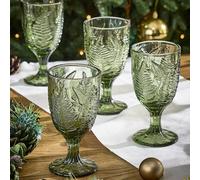 Dibor Set Of 8 Fern Leaf Green Embossed Wine Goblets 230Ml - Christmas Dinner Party Glassware