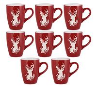 Dibor Set of 8 Red Festive Novelty Reindeer Dishwasher Microwave Safe Mugs - D8cm