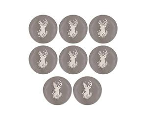 Dibor Set of 8 Side Plates - Hand Painted Grey & White Reindeer Stoneware Crockery Dishwasher & Microwave Safe Christmas Reindeer Dinnerware Set