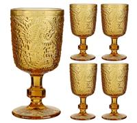 Dibor Set of Four 300ml Wine Goblet Glasses Embossed Dining Glassware Amber Wine Glasses (DA12)