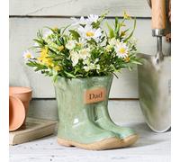 Dibor Small Green Ceramic Boots Flower Planter With "dad" Engraved Plaque Gardening Gift Father's Day (H)10Cm, (W)12Cm