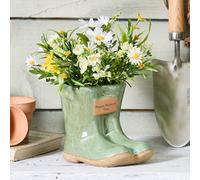 Dibor Small Green Ceramic Boots Flower Planter With "happy Father's Day" Engraved Plaque Gardening Gift (H)10Cm, (W)12Cm