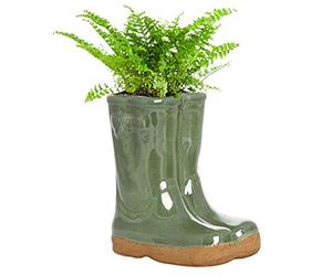 Dibor Small Green Ceramic Double Wellington Boot Indoor/Outdoor Plant Pot