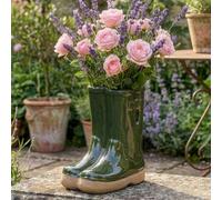 Dibor Small Green Children Wellington Boot Ceramic Indoor Outdoor Flower Pot Garden Planter Pot H17 X W15Cm
