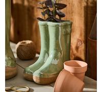 Dibor Small Sage Green Wellingtons Boots Ceramic Indoor Outdoor Flower Pot Garden Planter Pot (H) 17cm, (W)15cm Dibor Green S
