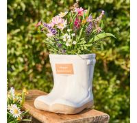 Dibor Small White Ceramic Boots Flower Planter with "Happy Anniversary" Engraved Plaque Gardening Gift Father's Day H10 x W12cm Dibor White Small