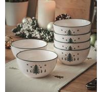 Dibor Snowy Forest Stoneware Bowls - Set Of 8 Festive White And Emerald Green Serving Bowls For Christmas Tableware