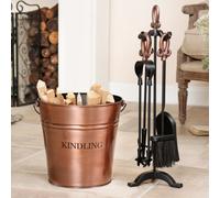 Dibor Traditional Fireplace Copper Kindling Bucket Log Basket with 5pc Fireside Companion Set Dibor Copper