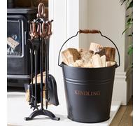 Dibor Traditional Fireside Freestanding 5pcs Copper Companion Set with Fireside Coal, Log & Kindling Bucket in Black Dibor Black