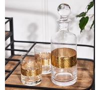 Dibor Traditional Glass Decanter Gold Embossed Jug & Ball Stopper Whisky Spirit Decanter Carafe Jug 1.5L with Set of 2 Diamond Tumblers Dibor Clear 2 Pack