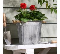 Dibor Traditional Medium Ribbed Metal Flower Plant Pot Outdoor Garden Planter With Rope Handles (Dia) 22Cm, (H)27Cm