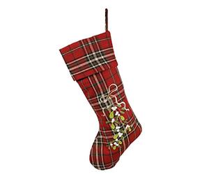 Dibor Traditional Red Highland Tartan Christmas Stocking with Mistletoe Stitching